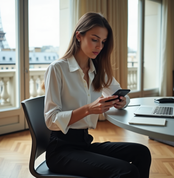 Jeune femme en tenue casual travaillant à Paris