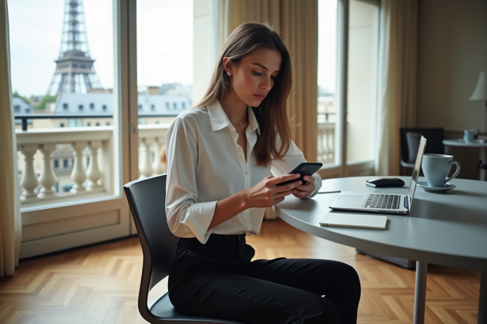 Jeune femme en tenue casual travaillant à Paris