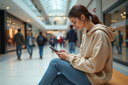 Jeune femme avec hoodie beige dans un centre commercial