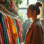 Jeune femme vintage dans une friperie lumineuse