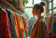 Jeune femme vintage dans une friperie lumineuse