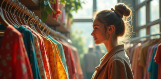 Jeune femme vintage dans une friperie lumineuse