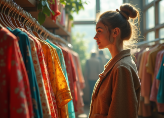 Jeune femme vintage dans une friperie lumineuse