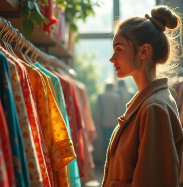 Jeune femme vintage dans une friperie lumineuse