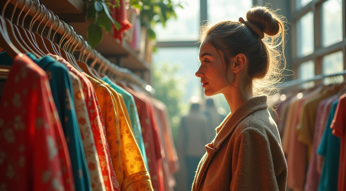 Jeune femme vintage dans une friperie lumineuse