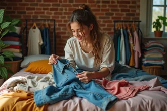 Jeune femme triant des vêtements vintage dans une chambre lumineuse