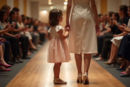 Jeune fille avec sa mère près du runway de mode