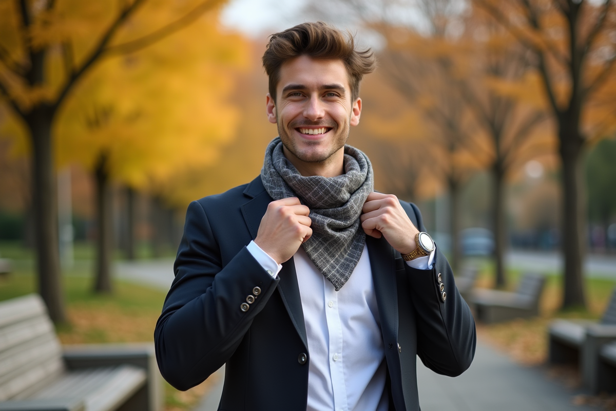Jeune homme ajustant une écharpe dans un parc urbain en automne