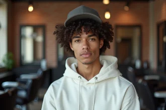 Jeune homme aux cheveux bouclés portant une casquette snapback dans un barbershop moderne