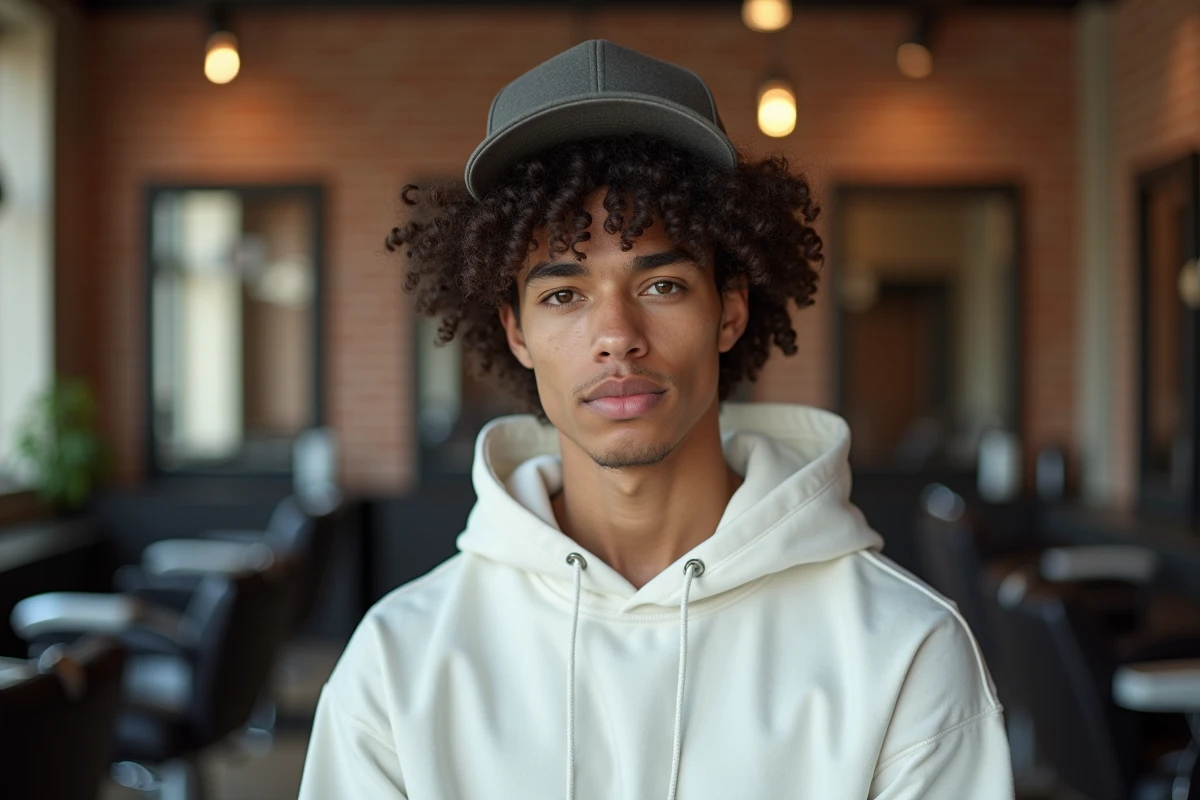 Jeune homme aux cheveux bouclés portant une casquette snapback dans un barbershop moderne