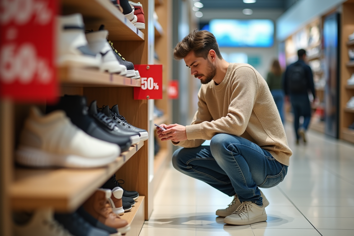 Jeune homme regardant une paire de chaussures en promotion