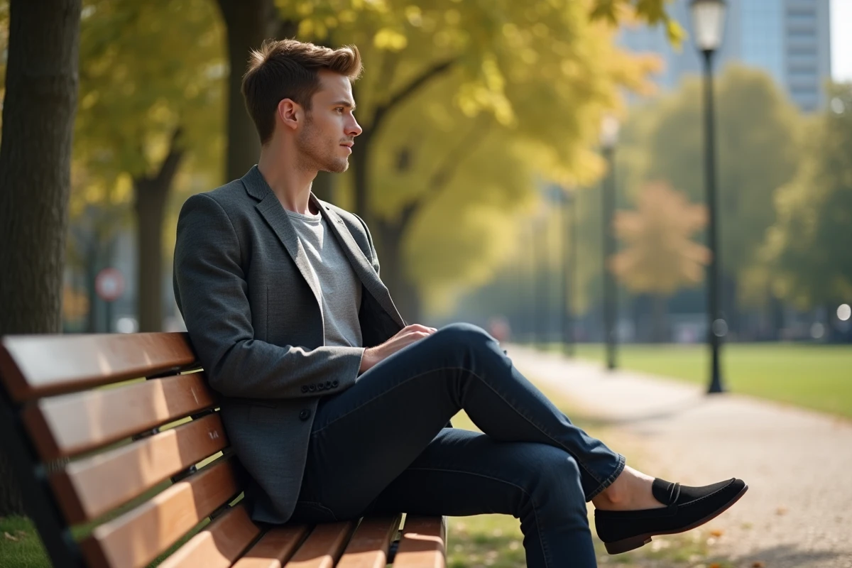 Jeune homme en blazer dans un parc ensoleille