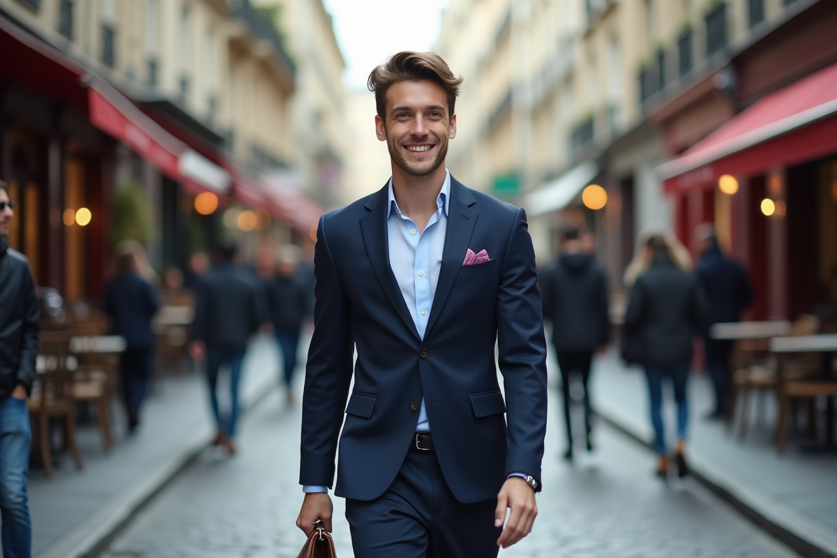Jeune homme en costume dans une rue parisienne