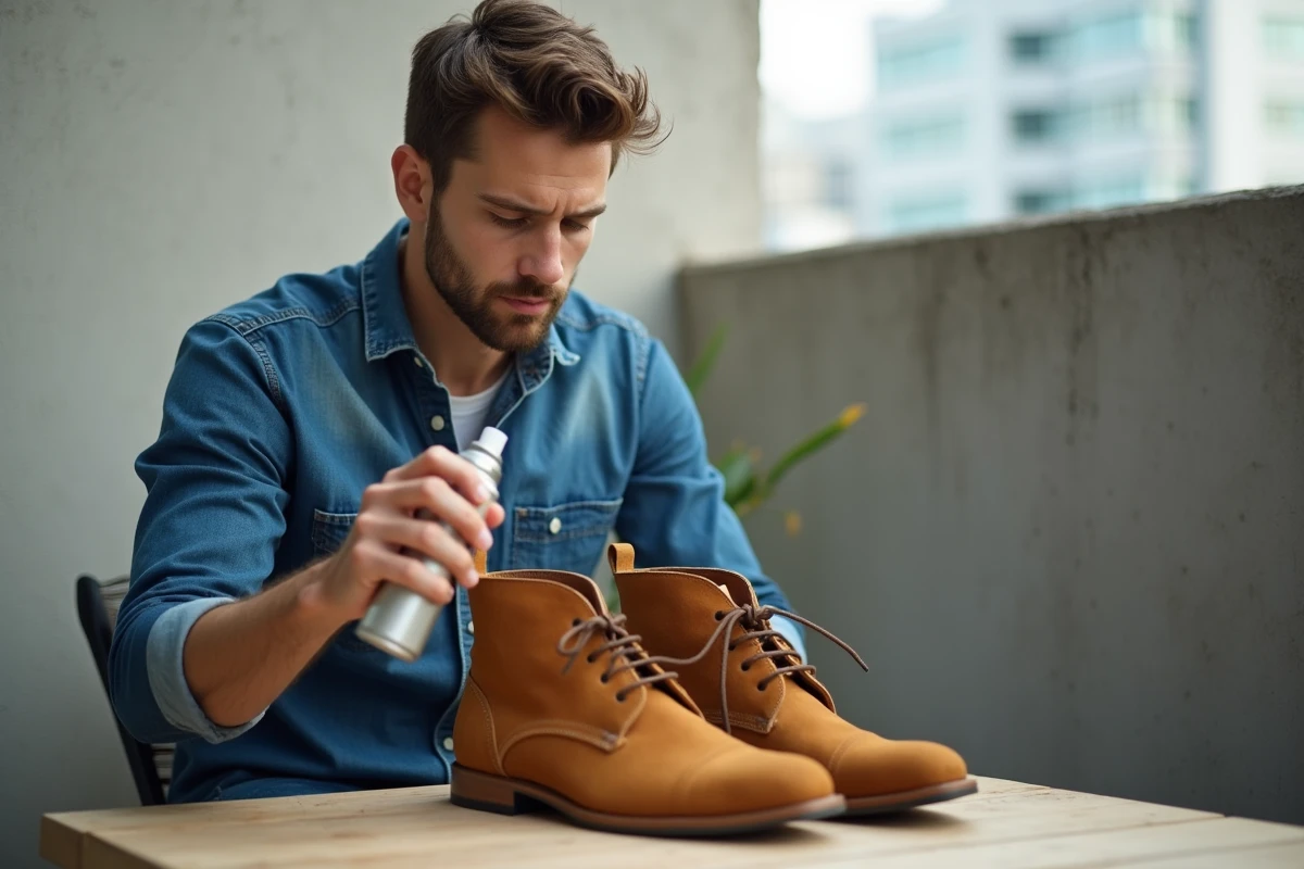 Jeune homme appliquant un spray protecteur sur des bottes en suede