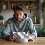Authentiques chaussures StockX : sont-elles des vraies ? Jeune homme examine des sneakers dans une cuisine moderne