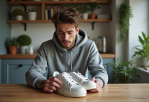 Authentiques chaussures StockX : sont-elles des vraies ? Jeune homme examine des sneakers dans une cuisine moderne