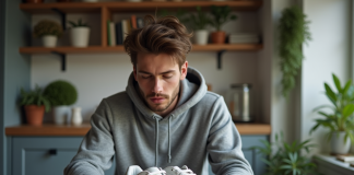 Authentiques chaussures StockX : sont-elles des vraies ? Jeune homme examine des sneakers dans une cuisine moderne