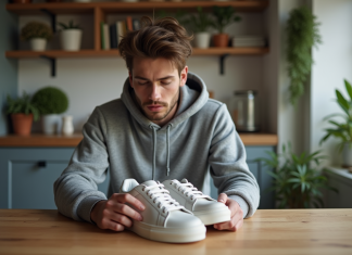 Authentiques chaussures StockX : sont-elles des vraies ? Jeune homme examine des sneakers dans une cuisine moderne