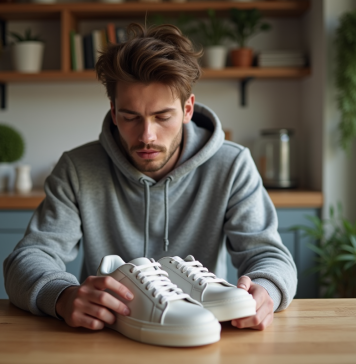 Authentiques chaussures StockX : sont-elles des vraies ? Jeune homme examine des sneakers dans une cuisine moderne