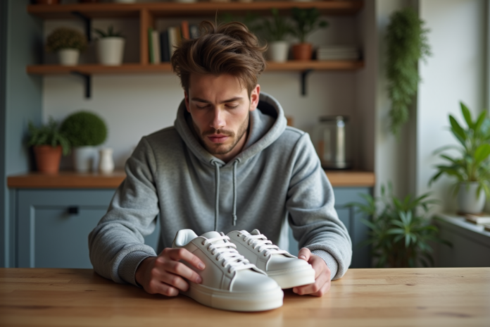 jeune-homme-sneakers-kitchen Jeune homme examine des sneakers dans une cuisine moderne