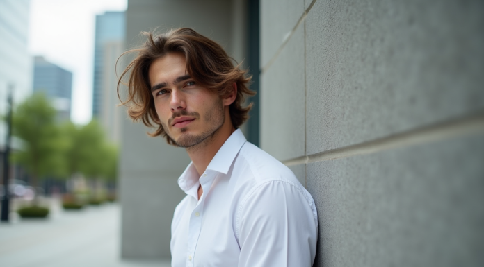 Jeune homme en casual devant un mur en béton urbain