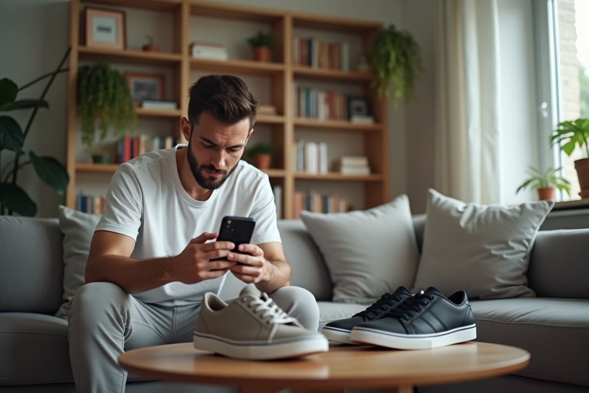 Jeune homme prenant en photo des sneakers avec son smartphone