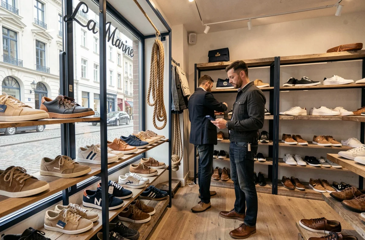 Homme explorant des chaussures nautiques et urbaines chez La Marine à Rennes, boutique au décor inspiré de la mer