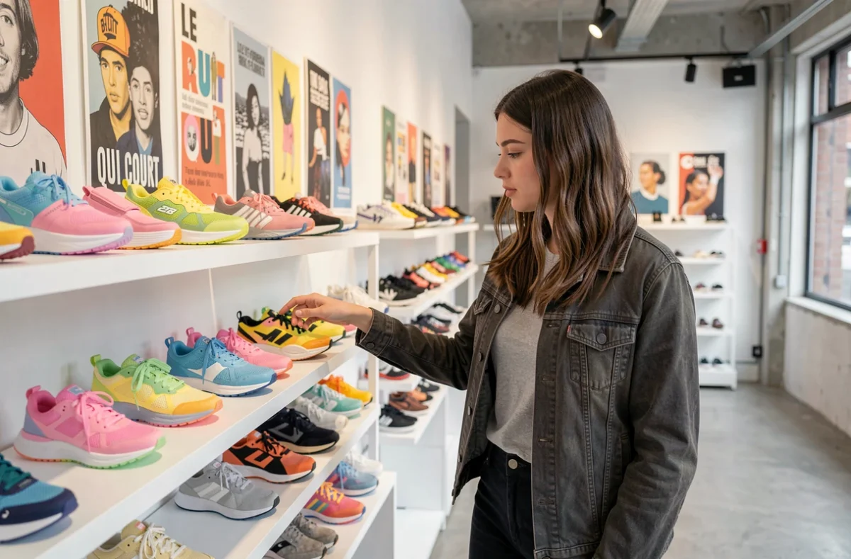 Jeune femme découvrant des sneakers colorées dans la boutique Le Bruit Qui Court à Brest, décor moderne et minimaliste