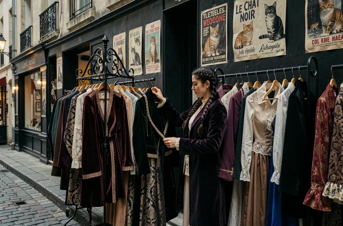 La boutique Le Chat Noir dans la Vienne, friperie bohème aux ambiances sombres avec vêtements vintage romantiques