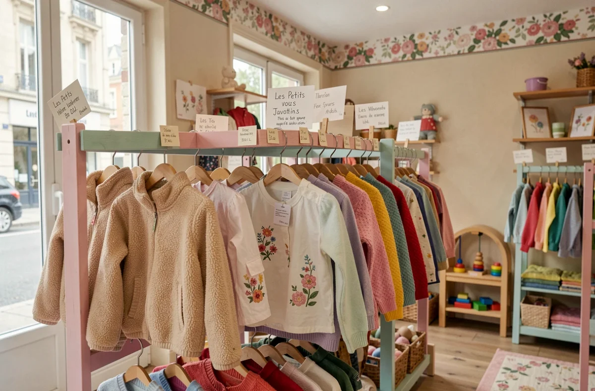 Boutique Les Petits Javotins à Saint-Étienne avec des vêtements pour enfants sur des portants en bois pastel dans un intérieur chaleureux de quartier