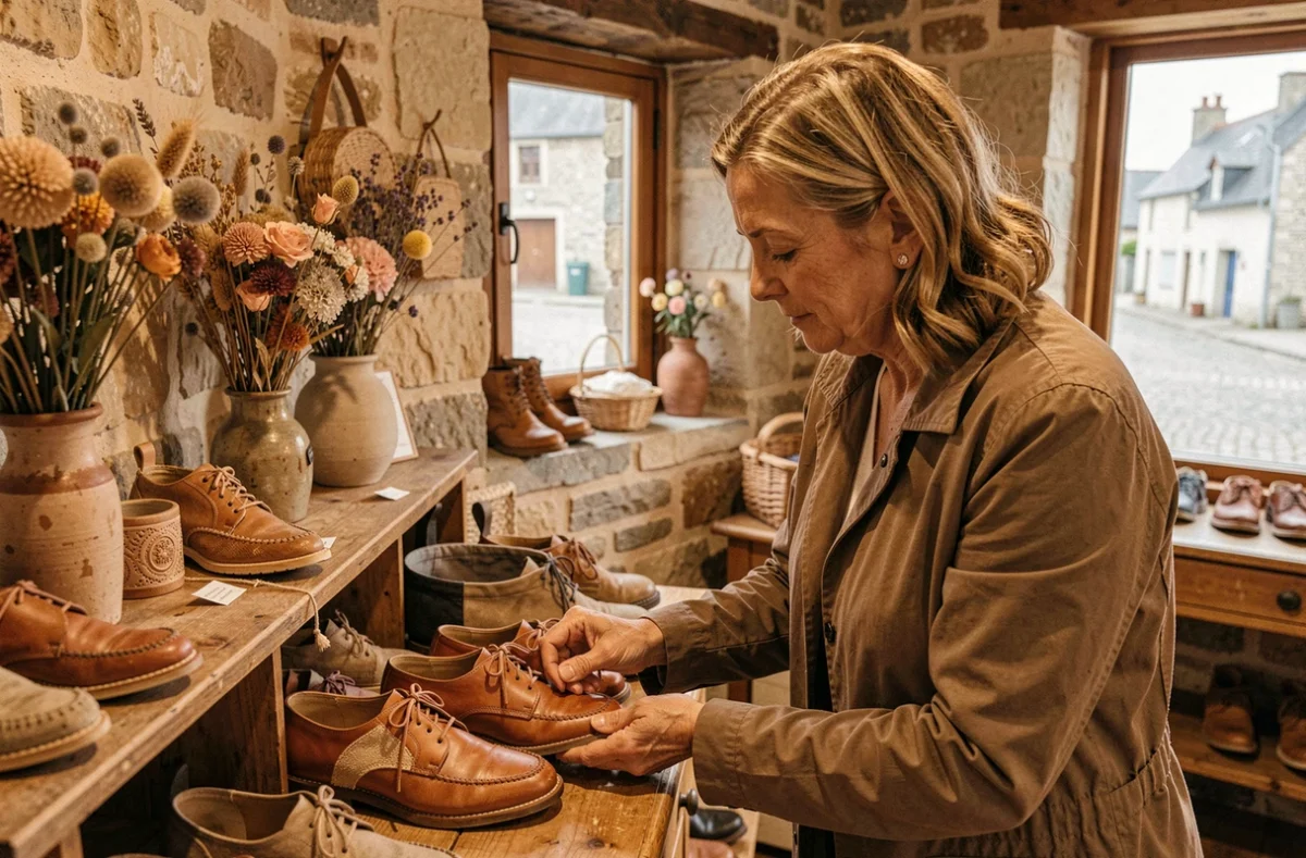 Femme découvrant des chaussures artisanales dans la boutique Les Souliers d'Océ à Questembert, cadre chaleureux en pierre bretonne