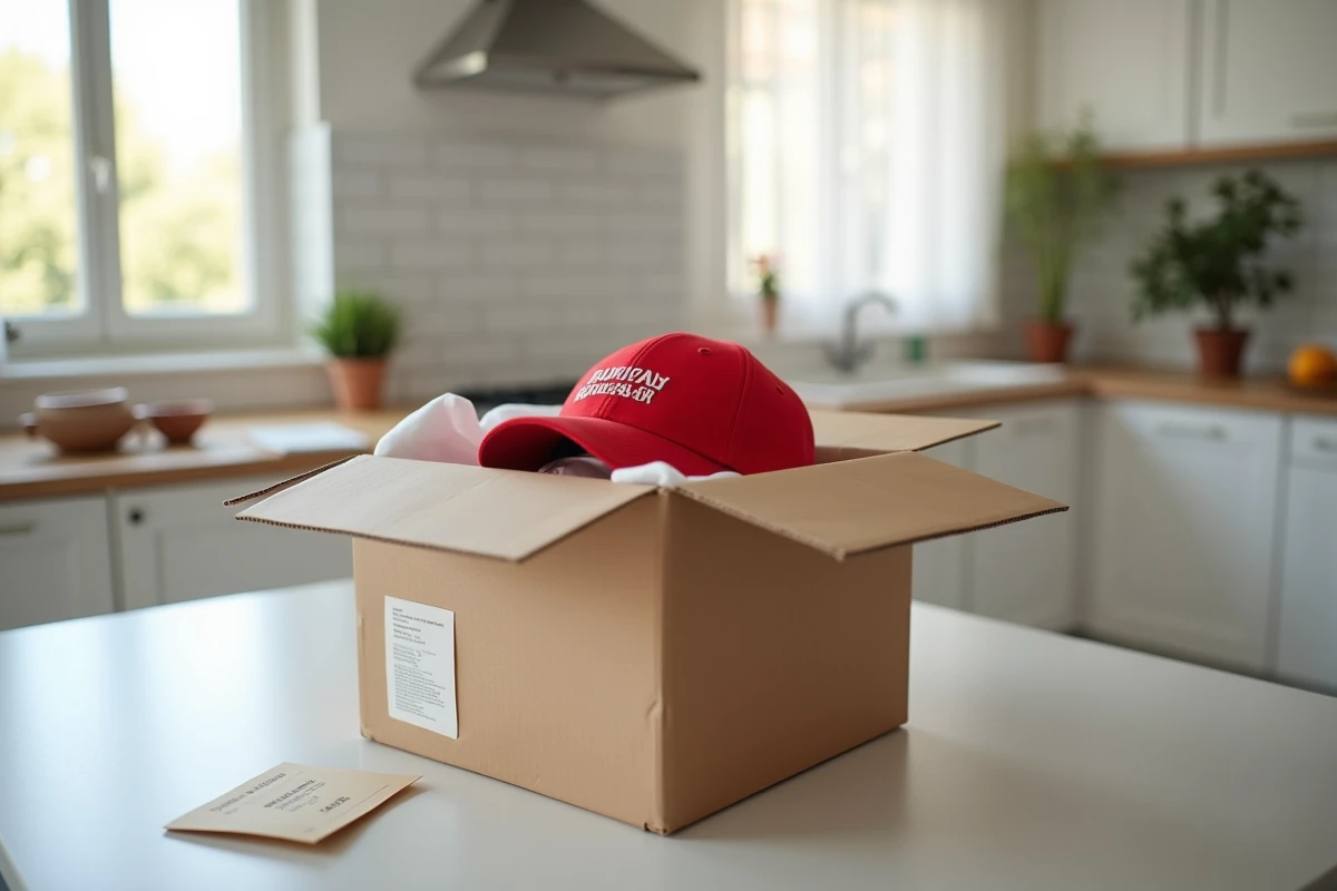 Déballage d'une casquette America Great Again rouge livrée dans un colis avec bon de livraison en français sur un comptoir de cuisine moderne