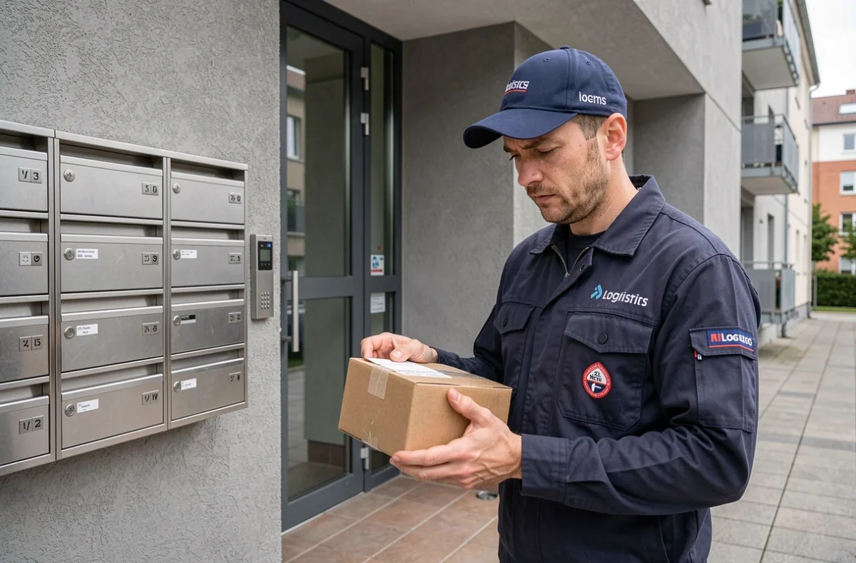 Livreur devant un immeuble résidentiel vérifiant l'adresse sur un colis de commande en ligne non livré