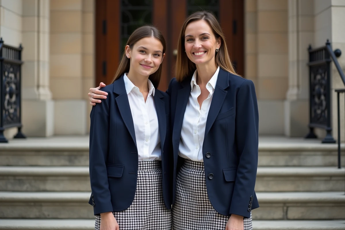 Mère et fille en tenues coordonnées marine et blanc devant un bâtiment en pierre lors d'une cérémonie formelle