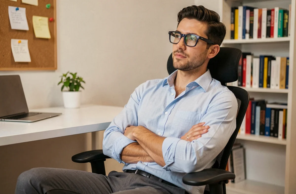 Jeune homme en chemise Oxford bleue arborant des lunettes de vue carrées en acétate marine dans un bureau minimaliste