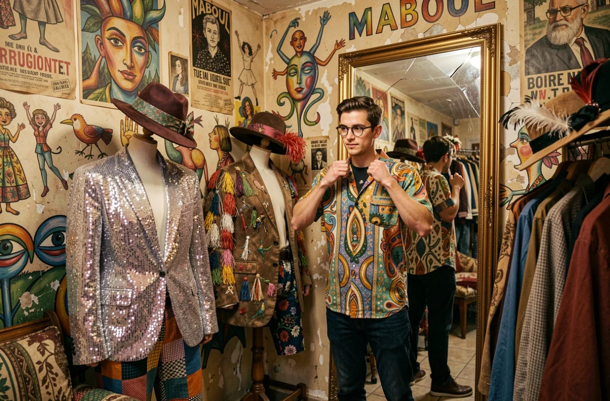 Boutique Maboul dans la Vienne, espace décalé avec vêtements excentriques et décoration artistique originale