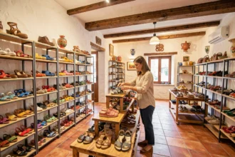 Intérieur d'un magasin de chaussures en Nouvelle-Aquitaine avec rayonnages colorés et atmosphère chaleureuse