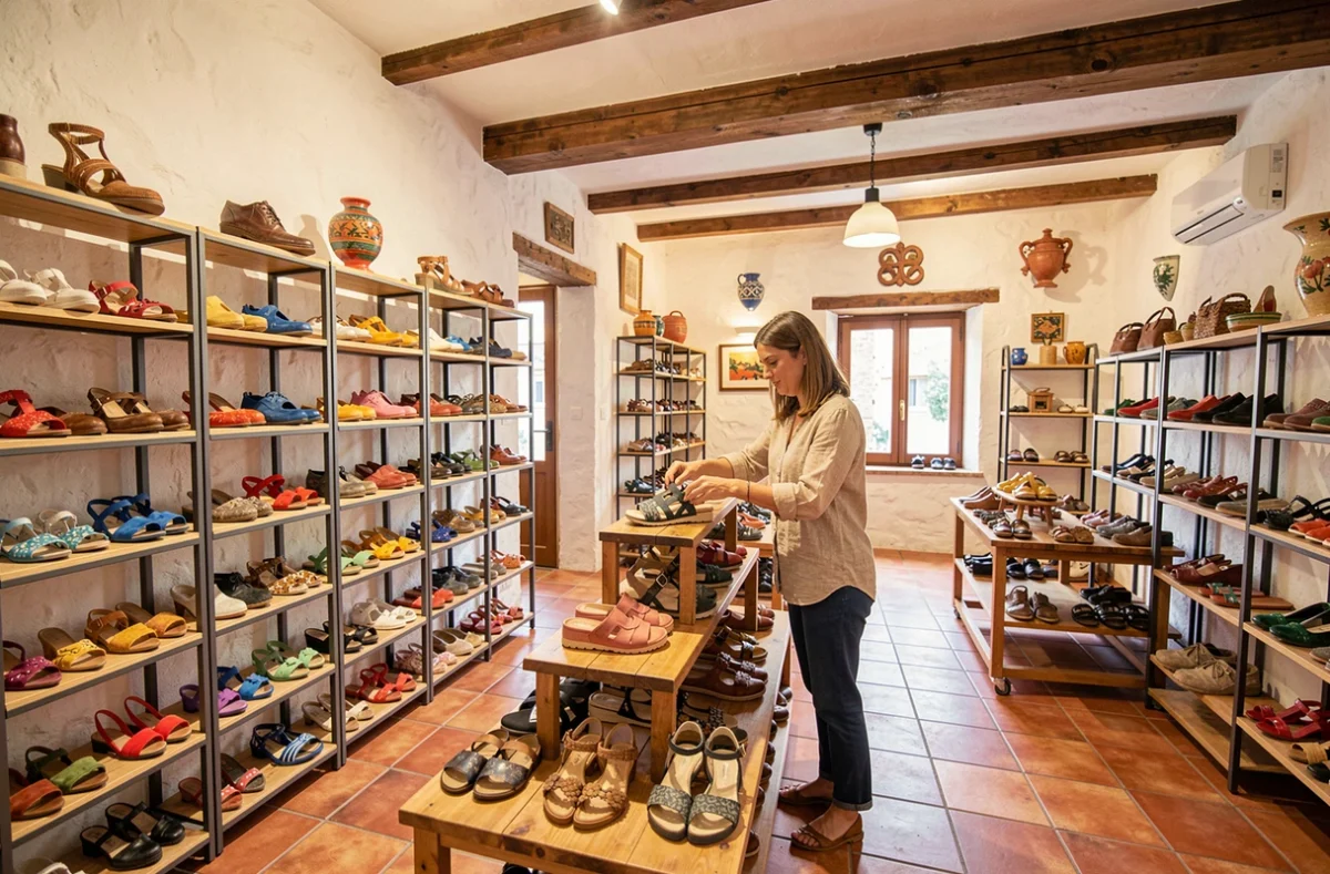 Intérieur d'un magasin de chaussures en Nouvelle-Aquitaine avec rayonnages colorés et atmosphère chaleureuse