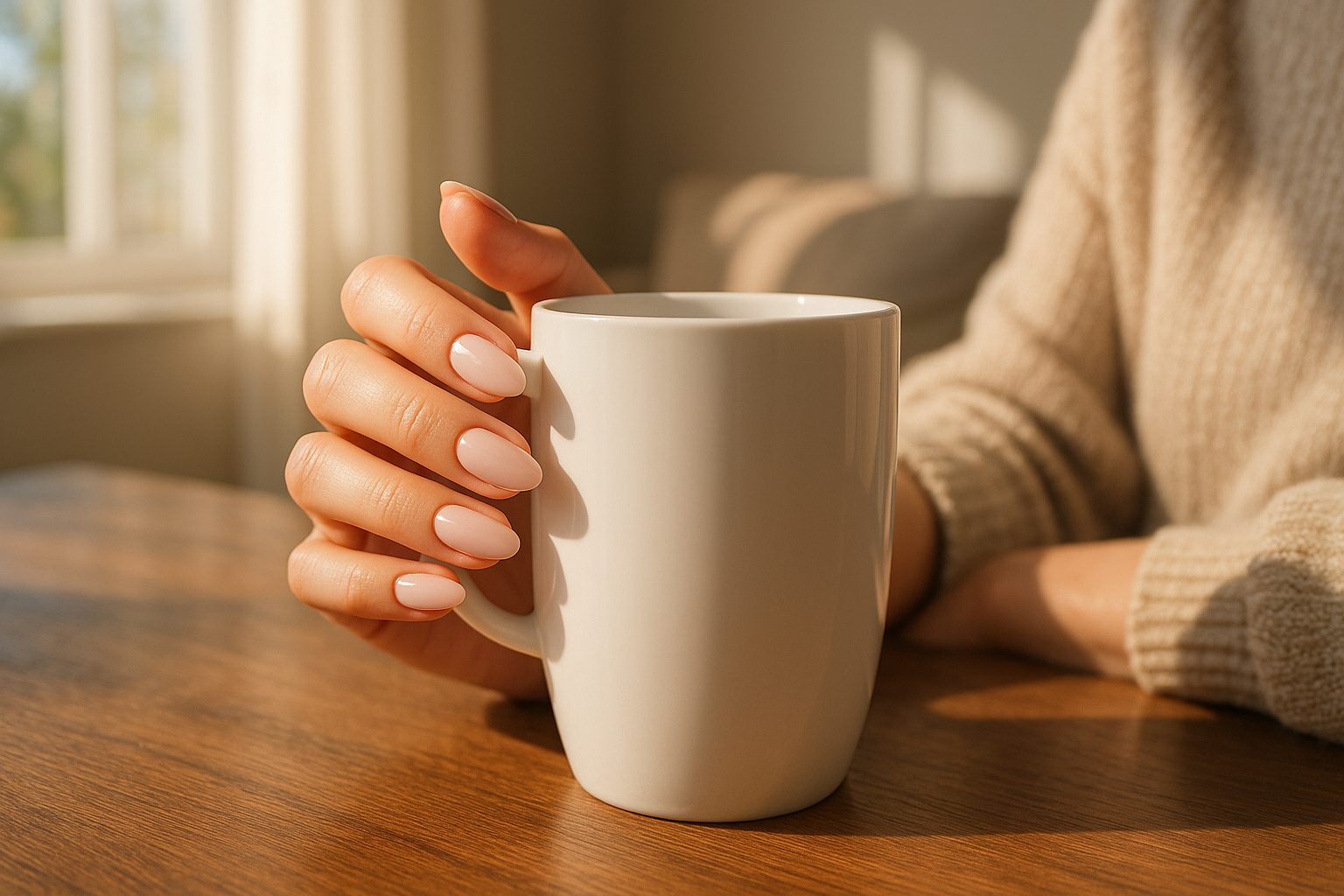 Main féminine tenant une tasse blanche avec ongles pastel