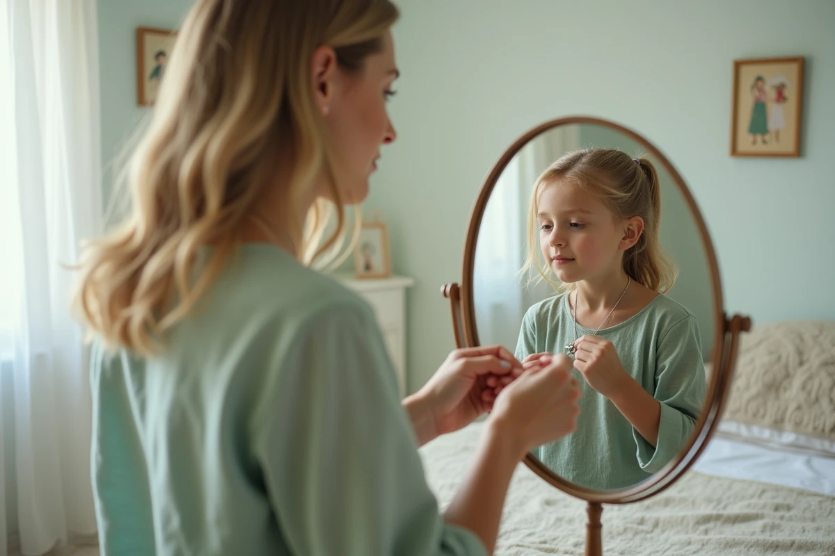 Maman attachant un collier étoile en argent autour du cou de sa fille devant un miroir rond, moment de transmission d'un premier bijou