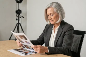 Femme mannequin senior aux cheveux argentés lors d'un casting publicitaire en studio, consultant son book photo