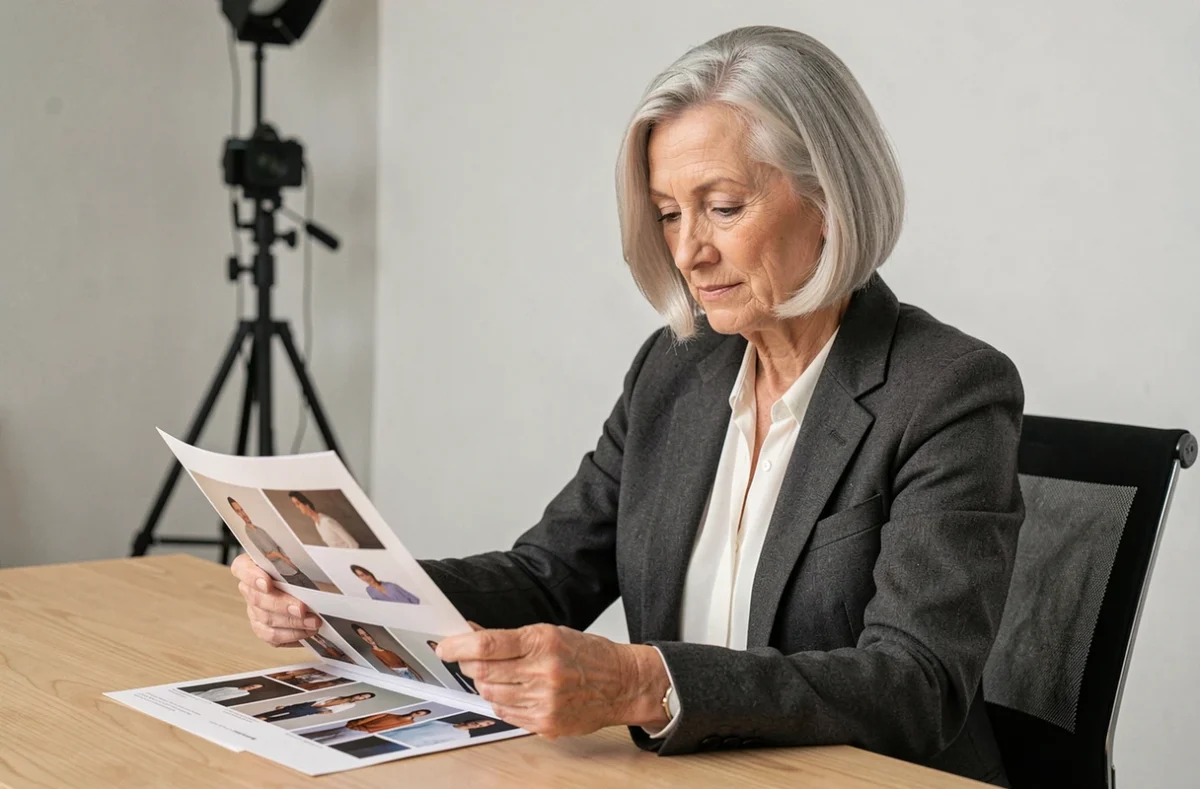 Femme mannequin senior aux cheveux argentés lors d'un casting publicitaire en studio, consultant son book photo