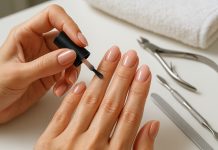 Photo de mains féminines appliquant un vernis rose pâle en salon