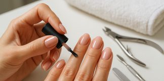 Photo de mains féminines appliquant un vernis rose pâle en salon