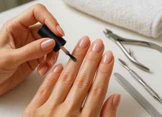 Photo de mains féminines appliquant un vernis rose pâle en salon