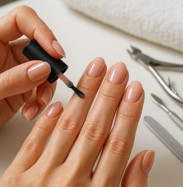 Photo de mains féminines appliquant un vernis rose pâle en salon