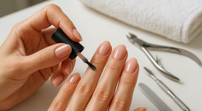 Photo de mains féminines appliquant un vernis rose pâle en salon