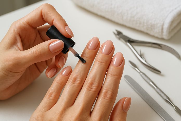 Photo de mains féminines appliquant un vernis rose pâle en salon