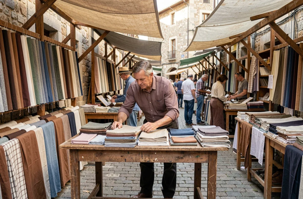 Marché textile vintage en Espagne avec un vendeur arrangeant des tissus sur un étal en bois, illustrant les origines modestes du fondateur de Zara