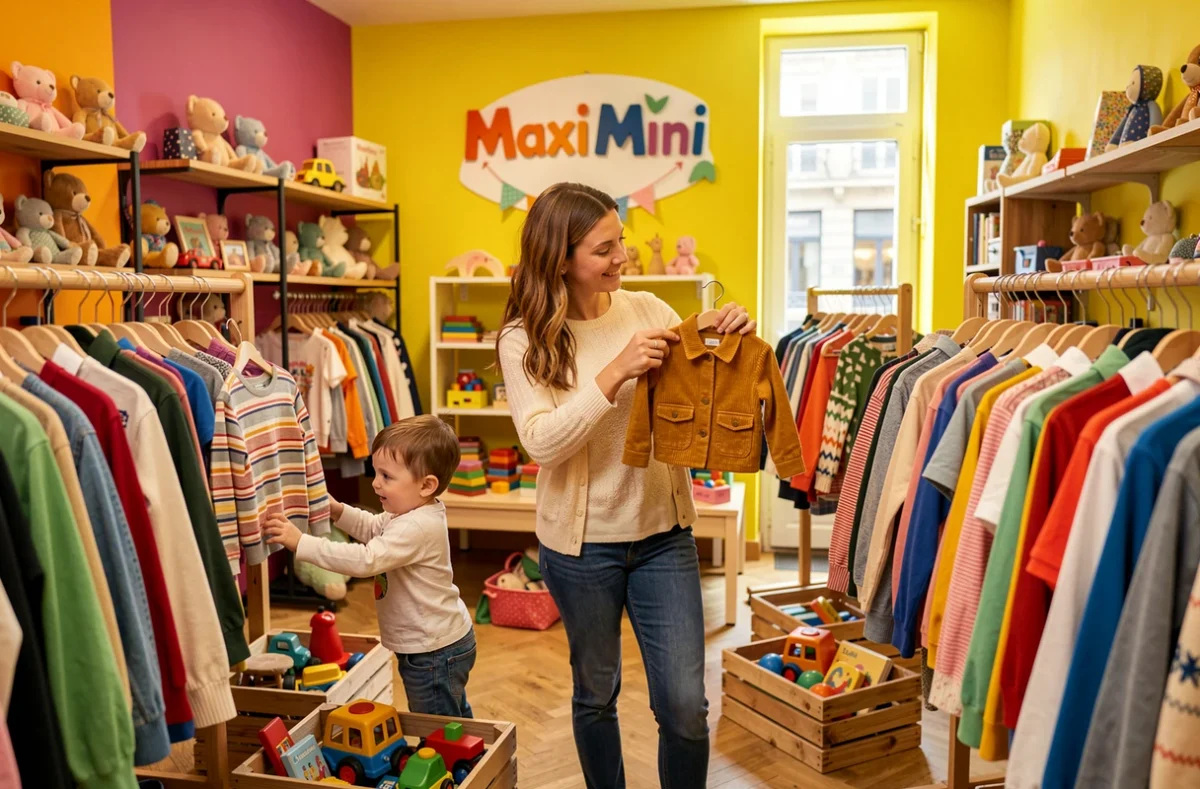 Friperie Maxi Mini dans la Vienne, espace mêlant vêtements enfants et adultes avec une ambiance colorée et chaleureuse